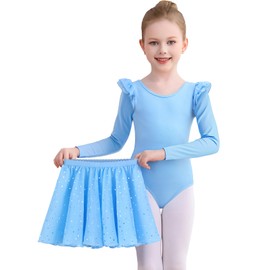 Comfyouth Girls Ballet Dress Toddler Long Sleeve Ballet Dance Leotard with Removable Skirt Shiny Dance Costumes Kids Ballet Outfit for 2-11 Years Blue