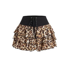 Verdusa Women's Leopard Print Tiered Layered Ruffle Mini Skirt Lace Up Tie Front Short Skirts Brown Small