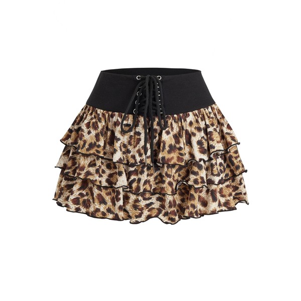 Verdusa Women's Leopard Print Tiered Layered Ruffle Mini Skirt Lace
