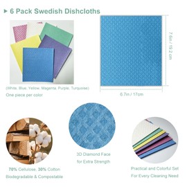 RHVQ Swedish Dishcloths 6-Pack, Super Absorbent & Quick-Dry Reusable Dish Towels, Biodegradable Kitchen Sponge Cloths for Dishes, Countertops, Glass & Car