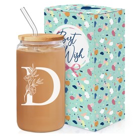 SANDJEST Monogrammed Gifts for Women - Monogram D Initial Glass Cup 16 Oz Can Coffee Cups with Lid and Straw - Monogram Initials Gifts for Womens on Birthday