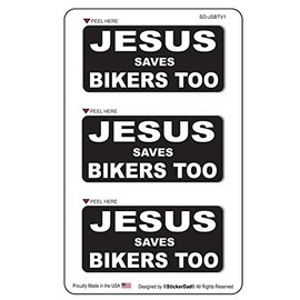 JESUS SAVES BIKERS TOO V1 (3 pack) vinyl Hard Hat Helmet decal - size: 2" X 1" color: BLACK/WHITE - Hard Hat, Helmet, Windows, Walls, Bumpers, Laptop, Lockers, etc.