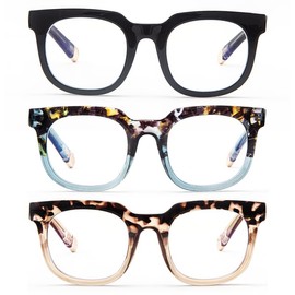 Glarollirace 3 Pack Womens Square Reading Glasses, Designer Style Computer Blue Light Blocking Quality Spring Hinge Readers （Black/Blue/Champagne1.5）