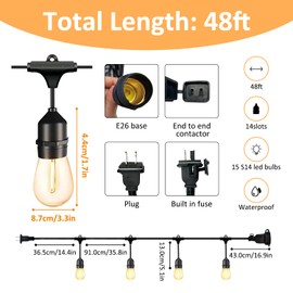 BESLAM 48FT LED Outdoor String Lights for Patio, 15 Shatterproof S14 Vintage Edison Bulbs (1 Spare), Waterproof Hanging Lights for Backyard, Porch, Garden, Bistro, Balcony Lights, Christmas Decor