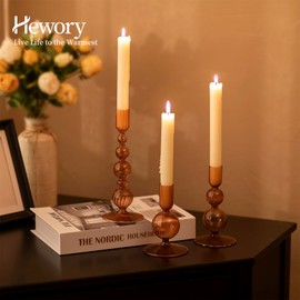 Hewory Glass Candlestick Holders Set: 3PCS Brown Candle Holder Taper Candle Holders Bulk, Crystal Ribbed Candle Sticks Holder Decor for Table Centerpiece Wedding Christmas Thanksgiving Dinner