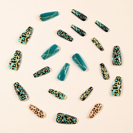 Coffin Press on Nails Medium Fake Nails with Green Polka Dot Line Designs Full Cover Glue on Nails Leopard Print Nails Glossy Acrylic False Nails Artificial Stick on Nails for Women 24Pcs