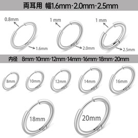 Fuushspoy 10 Piece Set, 0.6 oz (18 g), Men's Ring, Hoop Earrings, Set of Stays, Cartilage Earrings, Hypoallergenic Metal, Stainless Steel, For Both Ears, Silver (Width 0.4 inches (1.6 mm), Inner