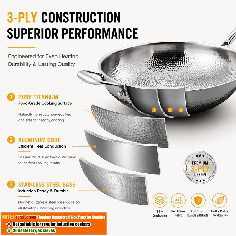 Titanium Hammered Wok, 2026 Upgrade Double-side Hammered Frying Pans Nonstick,
