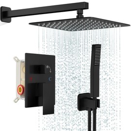 FPXRNG Black Shower Faucet Set, Rainfall Shower System with Square Shower Head and Handle Set, Wall Mounted Shower Fixtures, Full Metal Trim Repair Kit 10 inch Matte Black (With Shower Valve)