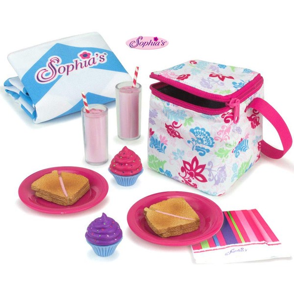 Sophia's Doll Food Picnic Playset of 12 Pieces, Thermal Cooler, Matching Picnic Blanket, 2 Pink Lemonade Glasses, 2 Plates, 2 Napkins, 2 Ham Sandwiches & 2 Cupcakes Perfect for 18 Inch American Dolls