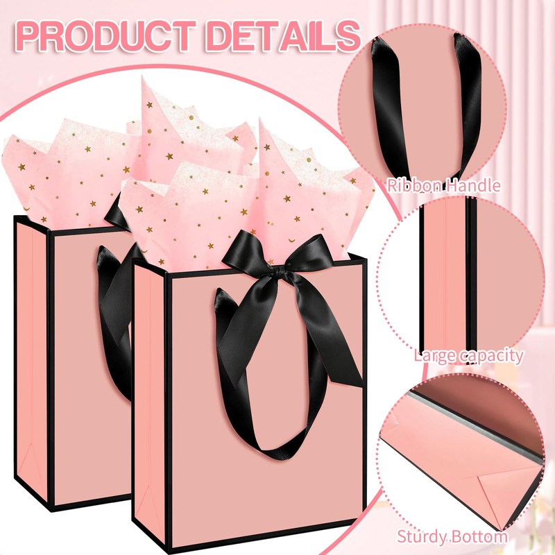 Sitroasho 30 Pack Pink Paper Gift Bags with Handles and