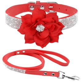 haoyueer Rhinestone Dog Collar Cute Iridescent Sparkly Soft Suede Dog Cat Rhinestone Collar with Leash Crystal Diamond Pet Puppy Collar (XS, Red 6)