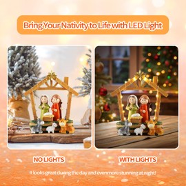 6.3" Nativity Scene with Lights - Hand Painted Nativity Sets Resin Figure, First Christmas Story Decoration Holy Family Manger Little People Nativity Set for Indoor Mantle Shelf Tabletop
