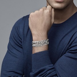 Men's Stainless Steel Bracelet, Men's Bracelet Stainless Steel Curb Chain, 19/21/23 cm Stainless Steel Bracelet for Men, Men's Silver/Black Bracelets, Pack of 2, Stainless Steel