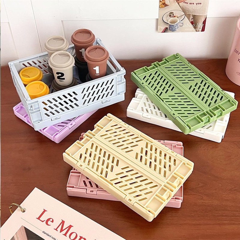 Mini Folding Plastic Basket for Storage 4 PCS，Mini Storage Crates
