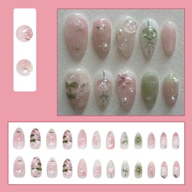 24Pcs Flower Press on Nails Medium Handmade Fake Nails with 3D Pearl Rhinestones Acrylic Nails Lotus False Nails Gradient Pink Glue on Nails Cherry Blossom Stick on Nails Spring Almond Artificial Nail