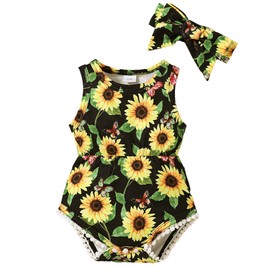 Mioglrie Newborn Girl Clothes 0-3 Months Baby Girl Clothes Summer Baby Girl Outfits Preemie Clothes Girl Black Sunflower Infant Romper Headband Clothing Sets