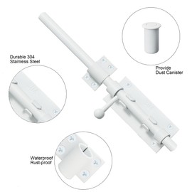 Barrel Bolt Latch 9.6 Inch White Heavy Duty 304 Stainless Steel Slide Bolt Gate Latch Hardware for Outdoor Fence Wooden Gates Barn Door Inside Door