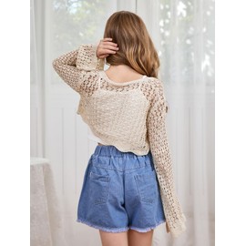 Milumia Girl's Tie Front Crochet Cardigan Hollow Out Long Sleeve Knit Crop Cover Up Top Beige