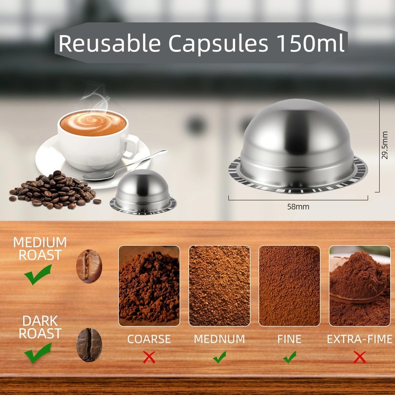 Reusable Capsules Compatible with Nespresso Vertuo Next/Vertuo POP, Stainless Steel