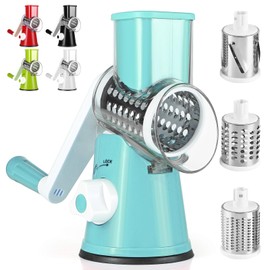 Dreamhigh® Cheese Grater with Crank, Vegetable Cutter with 3 Stainless Steel Interchangeable Drum Blades, Manual Drum Grater, Vegetable Slicer, Strong Suction Effect, Ideal for Cucumbers, Cheese and