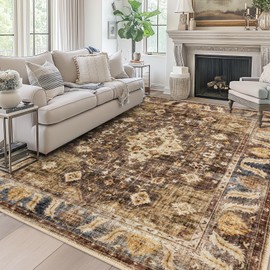 Area Rug 9x12 for Living Room Soft Machine Washable Low Pile Area Rugs Vintage Boho Bedroom,Dinner Room Non-Slip Carpet Rug - Brown