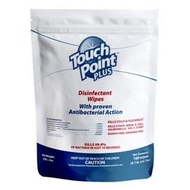 Touch Point Plus Disinfectant Wipes Pouch - 160 8”x6” Wipes, Pre-Saturated for Industrial, Fitness, Office, and Home Cleaning, EPA Registered for Killing Bacteria, SARS-CoV-2, and Viruses