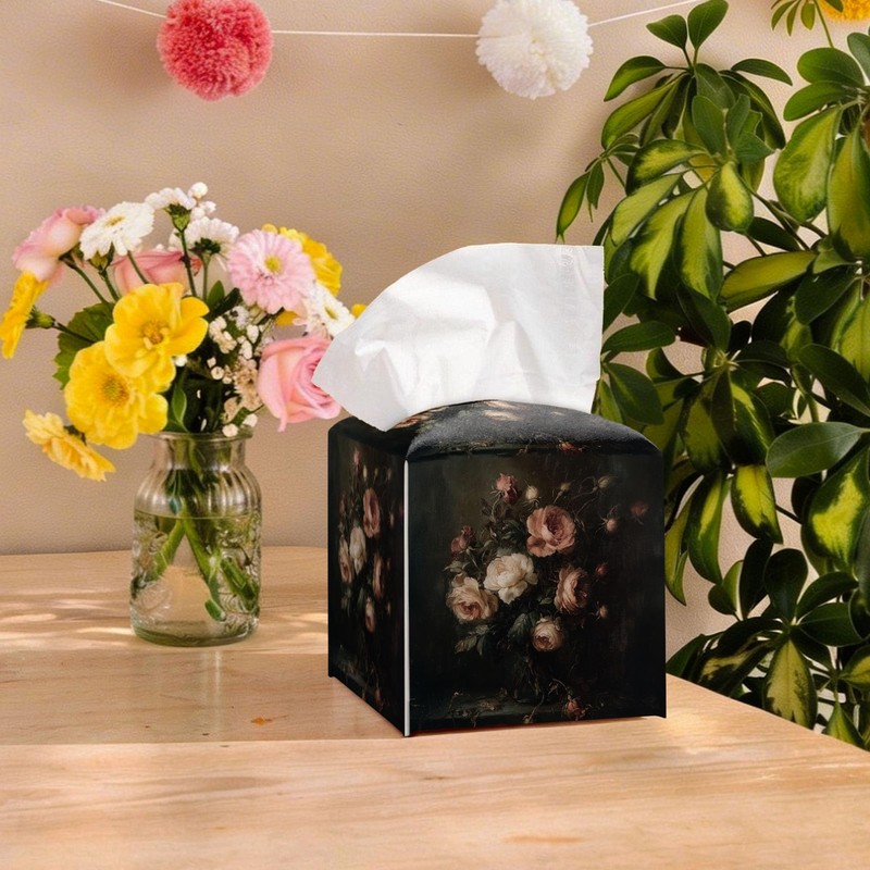 Moody Rose Bouquet Black Tissue Box Cover Square