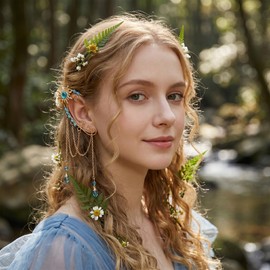 FRESHME Elf Ear Cuffs - Fairy Ears Renaissance Accessories Renfaire Costume Adult Women Non Pierced Elven Ear Wrap with Sun Design and Blue Crystal Fantasy Dress Up Cosplay Fairycore Accessories