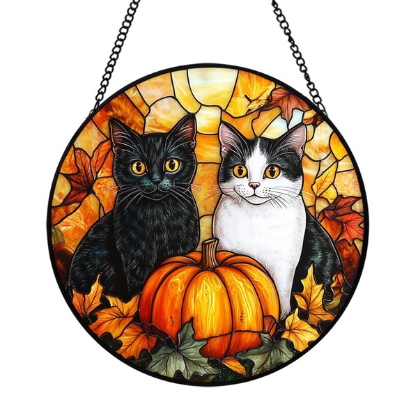 Xuoxeji Black and White Cat Stained Glass Window Hanging, 20cm/7.8in