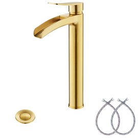 Single Handle Waterfall Faucet for Bathroom Sink in Brushed Gold Finish, with Metal Pop Up Drain Assembly and CUPC Water Supply Lines by Phiestina, NS-SF01-BG+NS-WF01-BG-V