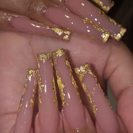 VOTACOS Press on Nails Long Coffin Fake Nails Nude False Nails with Golden Design Glossy Stick on Nails for Women 596