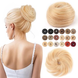 Fullart Human Hair Bun Piece #P27-613 Strawberry Blonde Mixed Bleach Blonde 1 Count 100% Real Human Hair Tousled Smooth Stretchy Fluffy Messy Bun with Elastic Band