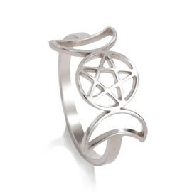 TEAMER Stainless Steel Triple Moon Goddess Ring Amulet Wicca Pentagram Ring Pagan Jewelry for Women, Stainless Steel, No Gemstone