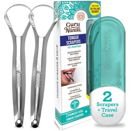 GuruNanda Tongue Scraper for Adults (2 Pack) with Travel Case, 420 Medical-Grade 100% Stainless Steel Tongue Cleaner, Aids in Fresh Breath & Oral Care