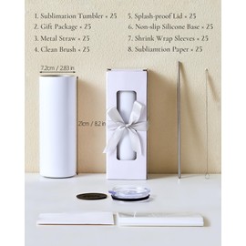 UIRZOTN 25 Pack 20 OZ Sublimation Tumbler Blanks Skinny Straight in Bulk, Stainless Steel Insulated Sublimation Tumbler with Polymer Coating for Heat Transfer, with Lid, Straw, Ribbon, Keepsake Box