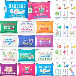 Hsei 12 Sets Mahjong Cosmetic Bag Gifts for Women Zippered Pouch Mahjong Makeup Bag Acrylic Keychains with Colorful Dice Sets for Lover Player Mothers Lucky Birthday Party National Mah Jong Gift