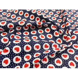 100% Cotton Poplin Fabric - Red Love Hearts on Navy Blue - Craft Fabric Material by The Metre (CP0883)