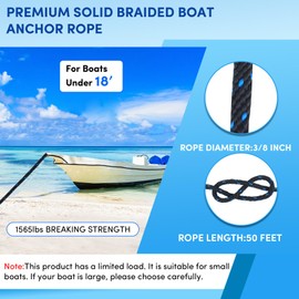 Premium Anchor Rope 50 ft x 3/8 inch, Solid Braid MFP Anchor Line Boat Rope Marine Rope,Boat Anchor Rope with Thimble & Shackle - Black/Blue