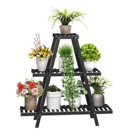 BMOSU Plant Stand Bamboo for Indoor Outdoor Tiered Plant Shelf 8 Potted Flower Holder Ladder Rack Garden Balcony Living Room Patio(3 Tier Black)
