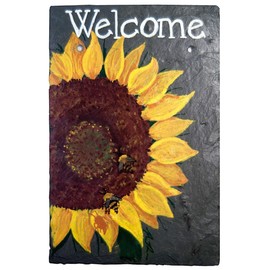 Welcome Sunflower Chalk Art Painted Sign on 12 by 8 Inch Slate Board