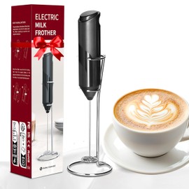 HealSmart Kitchen Milk Frother Handheld with Stand for Coffee, Electric Foamer Maker for Lattes, Mini Hand Blender for Cappuccino, Matcha, Frappe, Hot Chocolate, Wand Drink Mixer Whisk, Black