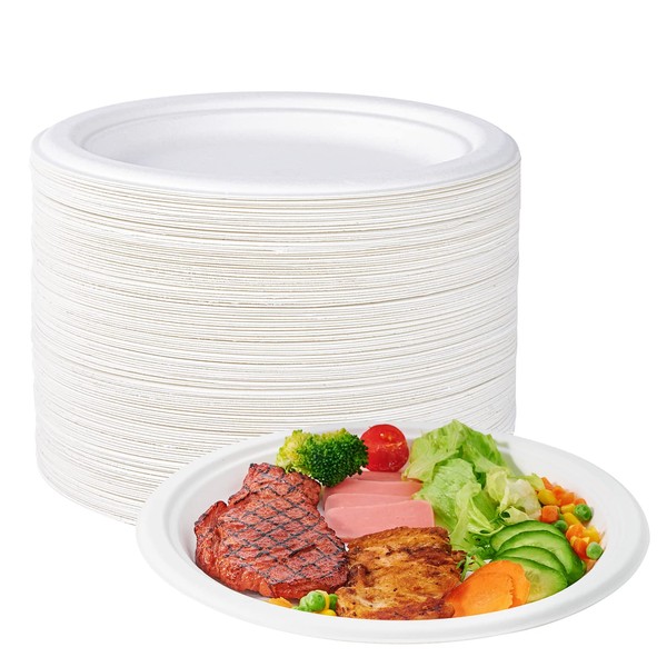ECOLipak 100% Compostable 10 inch Paper Plates, 150 Pack Heavy Duty Paper Plates, Disposable Biodegradable Eco-friendly Sugarcane Bagasse Plates for Dinner Party(White)