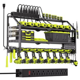 YFFSRJDJ Power Tool Organizer Wall Mount with Charging Station, 8 Drill Holder with 8-Outlet Power Strip, Garage Cordless Drill Storage and Organization, Battery Utility Rack