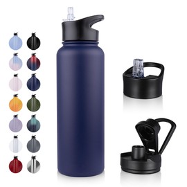 UMBFUN Stainless Steel Drinking Bottle - 1.2 L - with Straw, Leak-Proof, Suitable for Carbonated Drinks, BPA-Free Thermos Bottle (+ 2 Lids) Vacuum Double Wall Insulation for Sports, Travel, Camping,