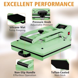 UOKRR Heat Press 15x15, High Pressure Clamshell Heat Press Machine for T Shirts, 90 Degrees Digital Control Sublimation Heat Transfer Machine for DIY Shirts, Pillows (Green)