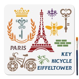 MAYJOYDIY Paris Tower Stencil Bicycle English Letters Art Stencil 30 × 30 cm with Brush Crown Key Wasp Painting Template Reusable Wreath Template for Window Wood Wall Home Decoration