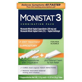Monistat 3 Tratamiento Vaginal Antifúngico 3 días de tratamiento, paquete combinado, 443005A2C, paquete combinación cura y picazón supositorios, Blanc