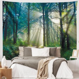 Wycian Tapestry Misty Forest Wall Hanging 300 cm Tapestry XXL Sunshine Through Pine and Cypress Misty Tapestry Microfibre 300 x 260 cm (W x H)