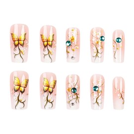 RUOKEXIN Square Press on Nails Medium Fake Nails White Ombre False Nails with Butterfly Designs Medium Length Nail Press ons Sparkly Artificial Nails Cute Stick on Nails for Women 24Pcs